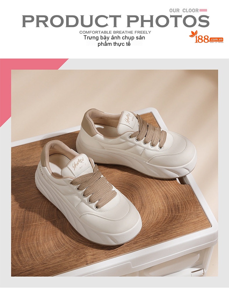 Giày Sneaker Nữ Da Thật Đế Bánh Mì Chiều Cao Đế Khoảng 4cm Màu Trắng chi tiết 10