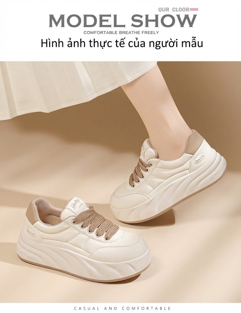Giày Sneaker Nữ Da Thật Đế Bánh Mì Chiều Cao Đế Khoảng 4cm Màu Trắng chi tiết 11