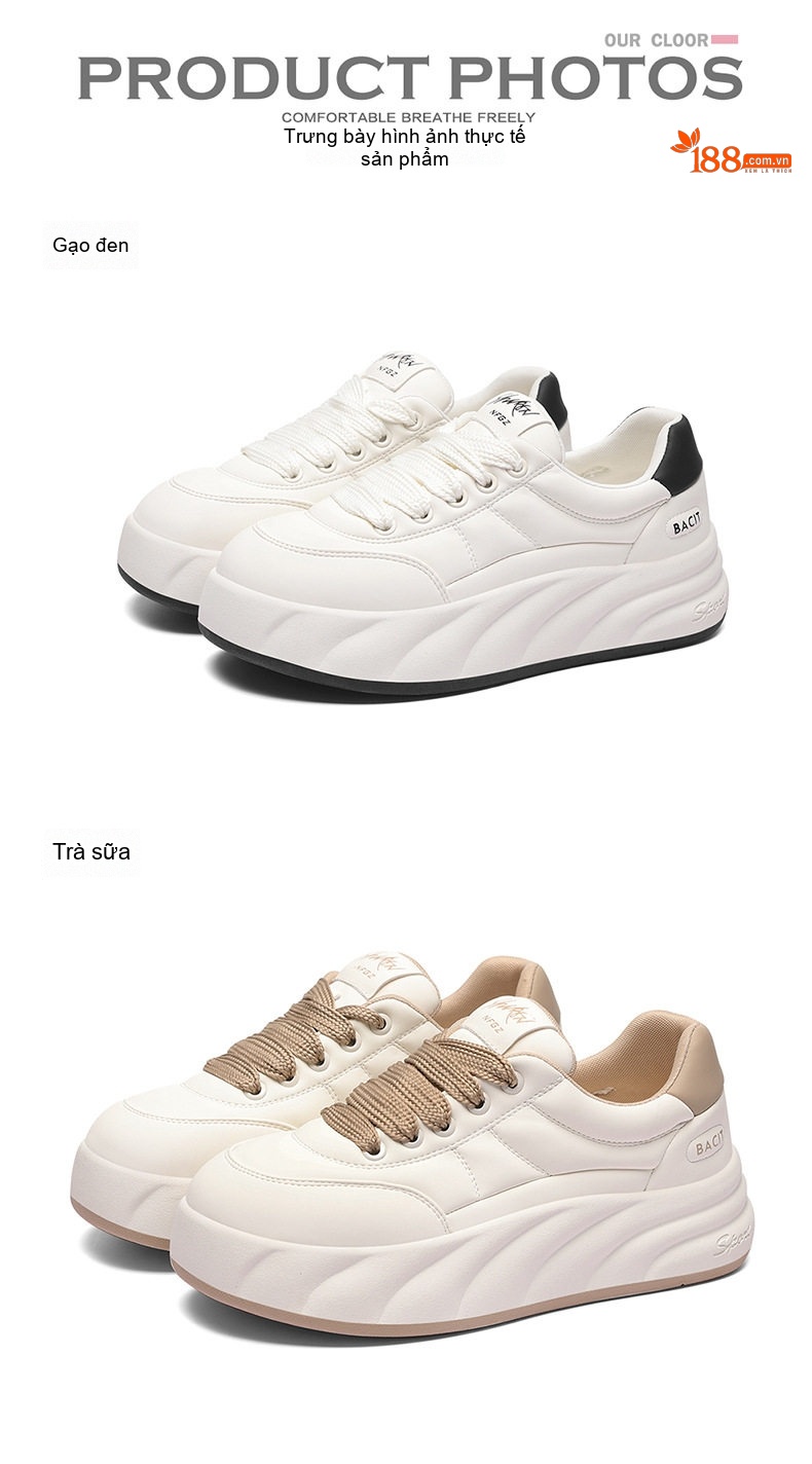 Giày Sneaker Nữ Da Thật Đế Bánh Mì Chiều Cao Đế Khoảng 4cm Màu Trắng chi tiết 16