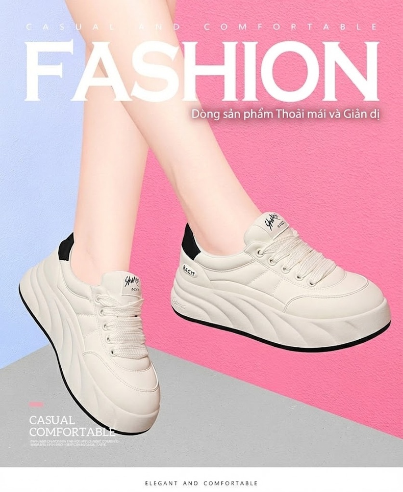 Giày Sneaker Nữ Da Thật Đế Bánh Mì Chiều Cao Đế Khoảng 4cm Màu Trắng chi tiết 2