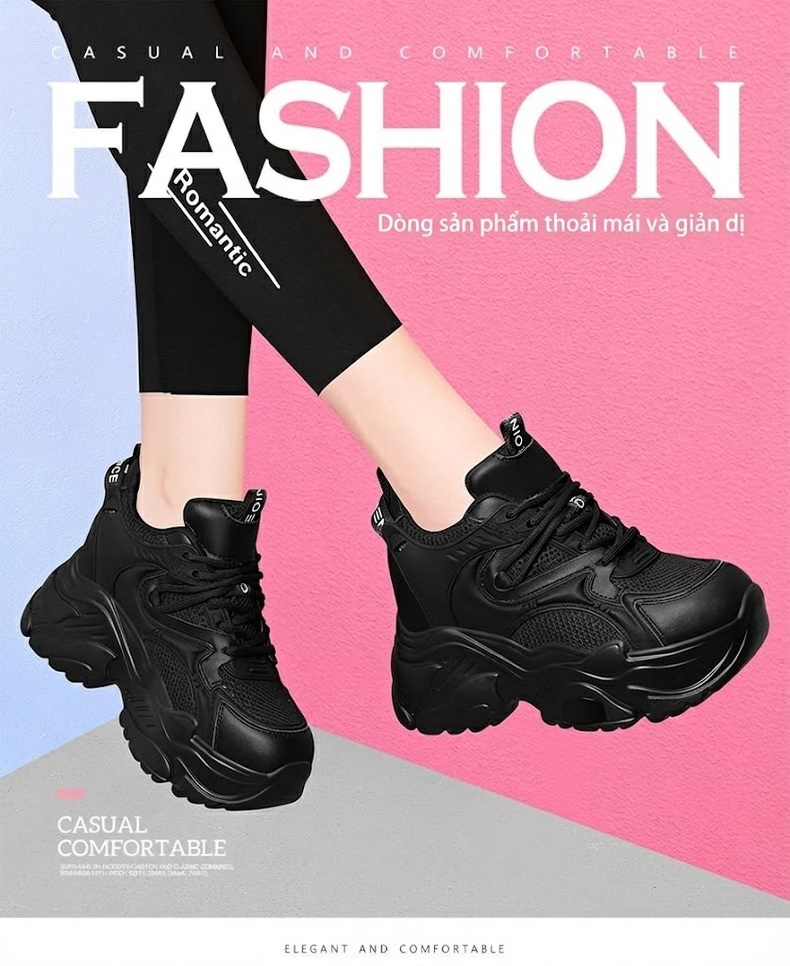 Giày Sneaker Nữ Da Thật Đế Cao Khoảng 5cm Màu Đen, Trắng chi tiết 2