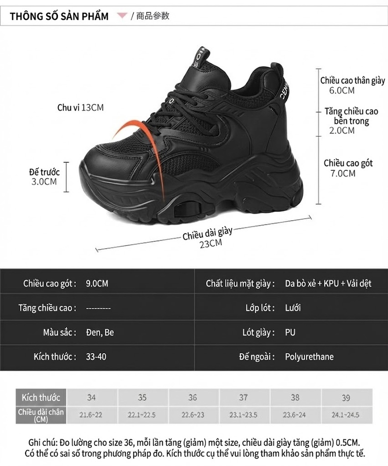 Giày Sneaker Nữ Da Thật Đế Cao Khoảng 5cm Màu Đen, Trắng chi tiết 4