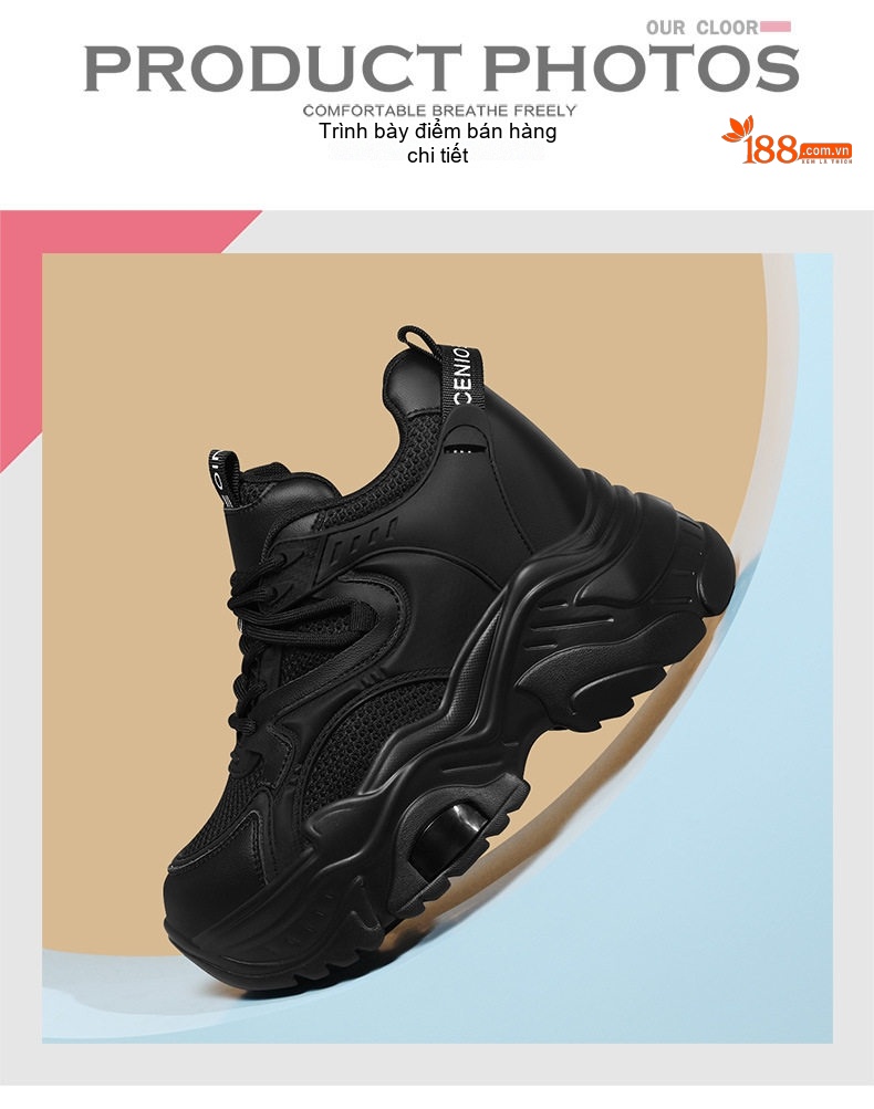Giày Sneaker Nữ Da Thật Đế Cao Khoảng 5cm Màu Đen, Trắng chi tiết 5