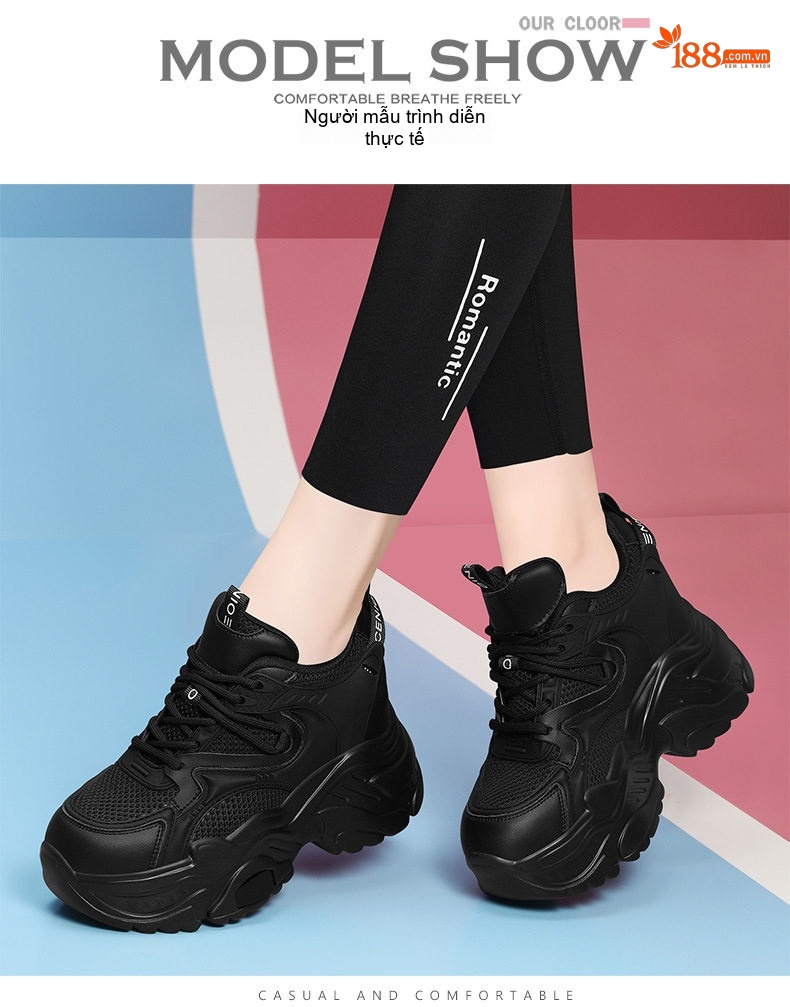 Giày Sneaker Nữ Da Thật Đế Cao Khoảng 5cm Màu Đen, Trắng chi tiết 6