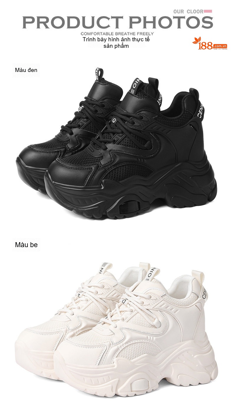 Giày Sneaker Nữ Da Thật Đế Cao Khoảng 5cm Màu Đen, Trắng chi tiết 16