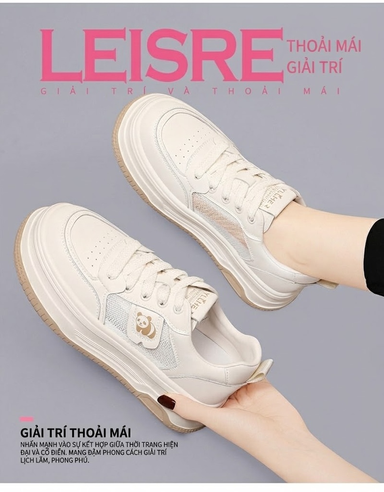 Giày Sneaker Nữ Da Thật Đế Cao Thoáng Khí Chiều Cao Đế Khoảng 4cm Màu Trắng chi tiết 3