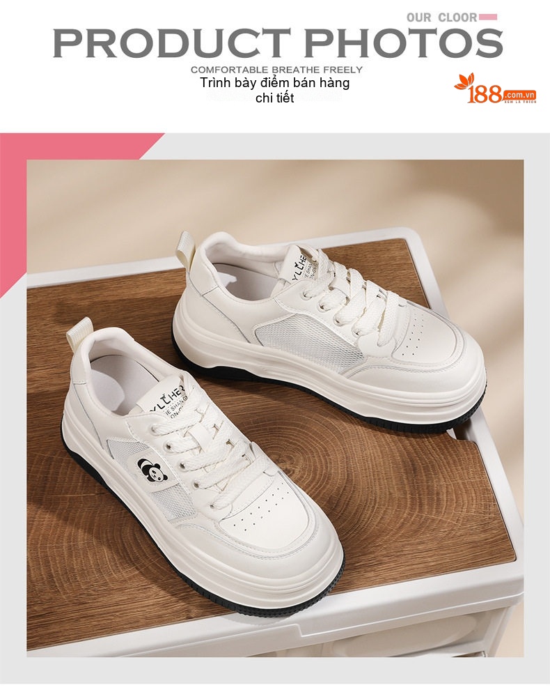 Giày Sneaker Nữ Da Thật Đế Cao Thoáng Khí Chiều Cao Đế Khoảng 4cm Màu Trắng chi tiết 5