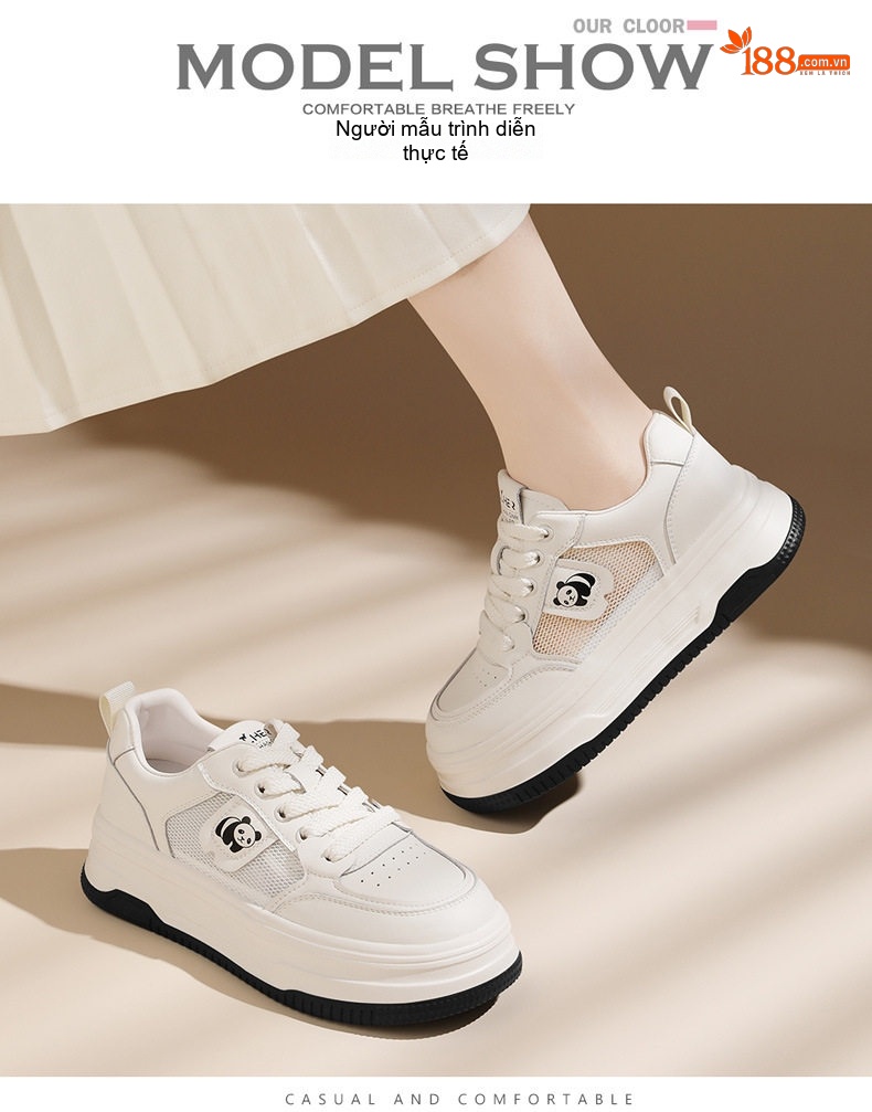 Giày Sneaker Nữ Da Thật Đế Cao Thoáng Khí Chiều Cao Đế Khoảng 4cm Màu Trắng chi tiết 6