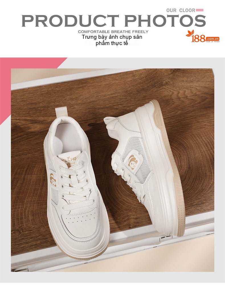 Giày Sneaker Nữ Da Thật Đế Cao Thoáng Khí Chiều Cao Đế Khoảng 4cm Màu Trắng chi tiết 10