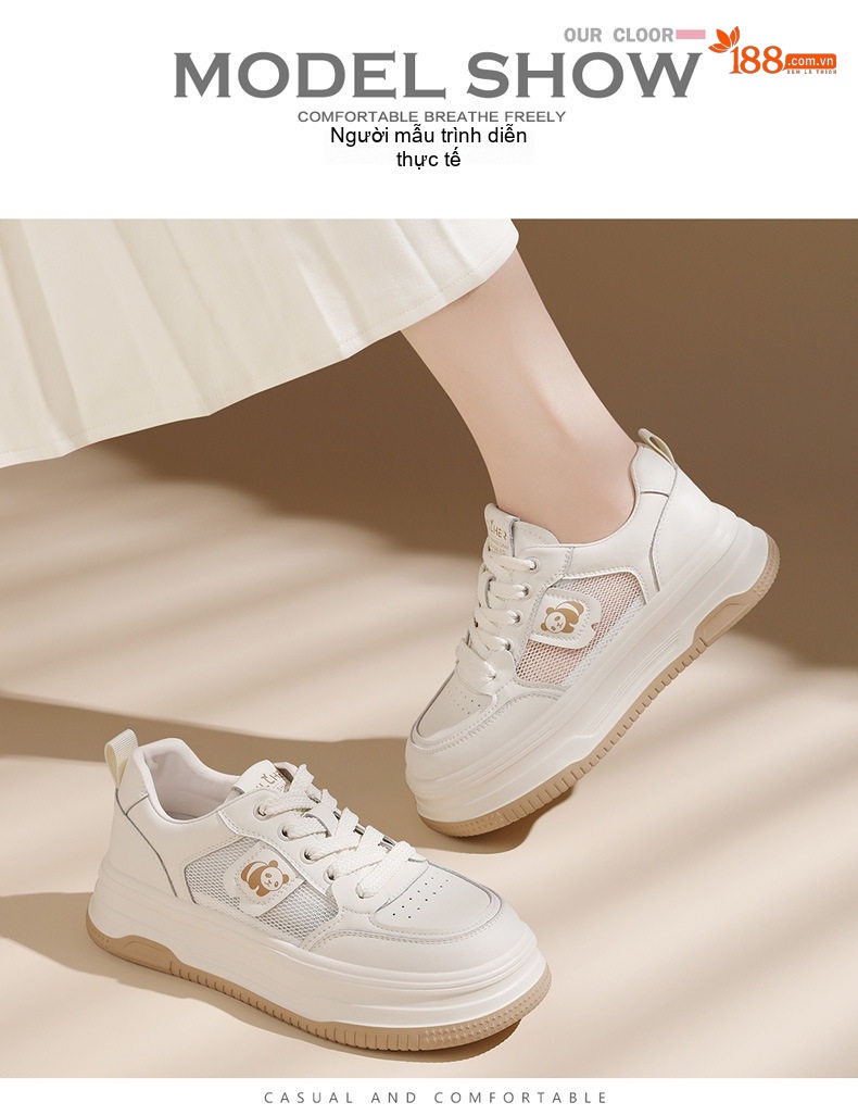 Giày Sneaker Nữ Da Thật Đế Cao Thoáng Khí Chiều Cao Đế Khoảng 4cm Màu Trắng chi tiết 11
