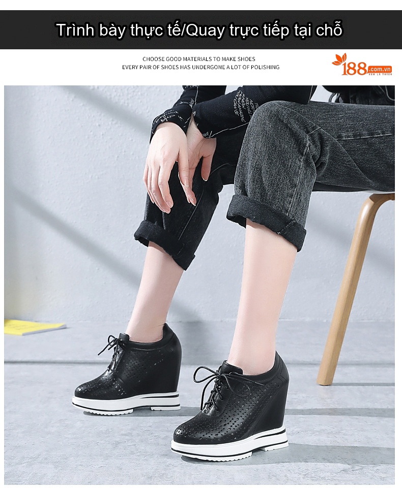 Giày Sneaker Nữ Da Thật Lỗ Thoáng Khí Buộc Dây Chiều Cao Đế 12cm Màu Đen, Trắng chi tiết 2