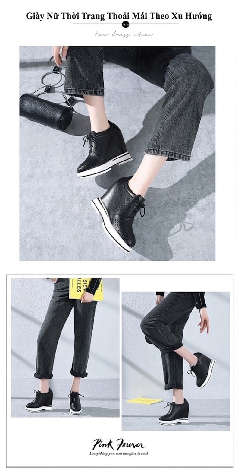 Giày Sneaker Nữ Da Thật Lỗ Thoáng Khí Buộc Dây Chiều Cao Đế 12cm Màu Đen, Trắng chi tiết 4