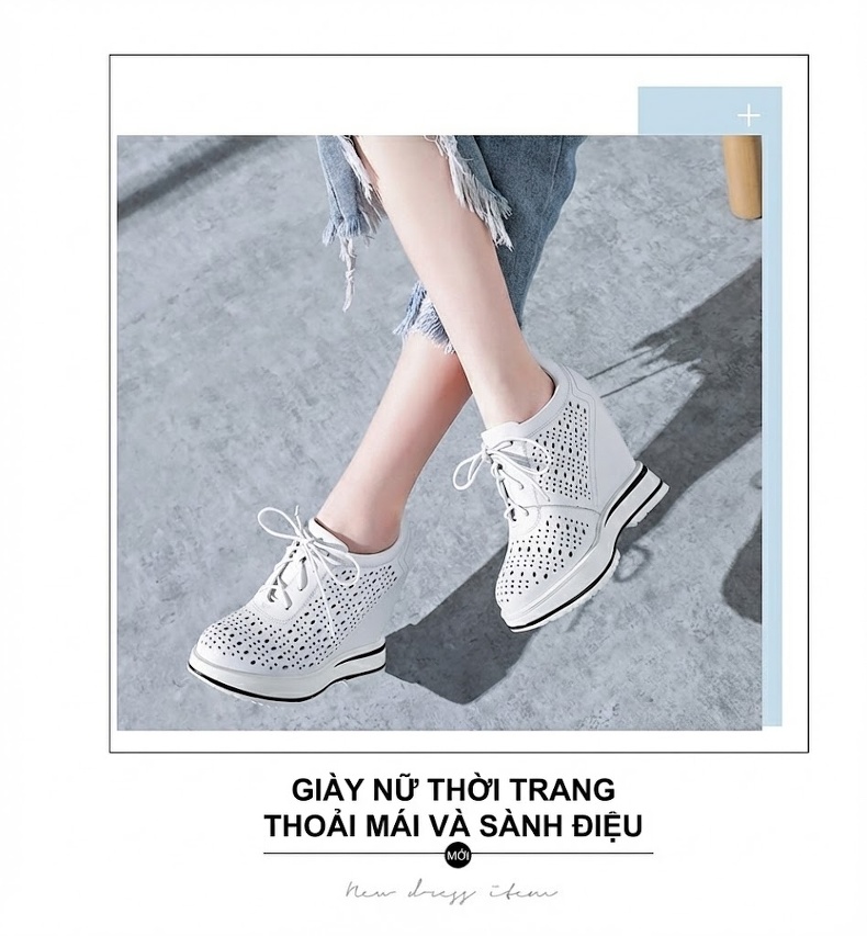 Giày Sneaker Nữ Da Thật Lỗ Thoáng Khí Buộc Dây Chiều Cao Đế 12cm Màu Đen, Trắng chi tiết 7