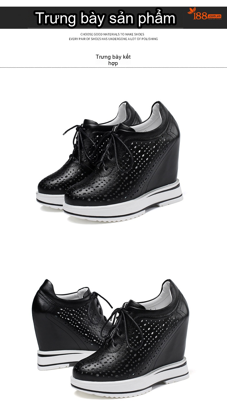 Giày Sneaker Nữ Da Thật Lỗ Thoáng Khí Buộc Dây Chiều Cao Đế 12cm Màu Đen, Trắng chi tiết 8