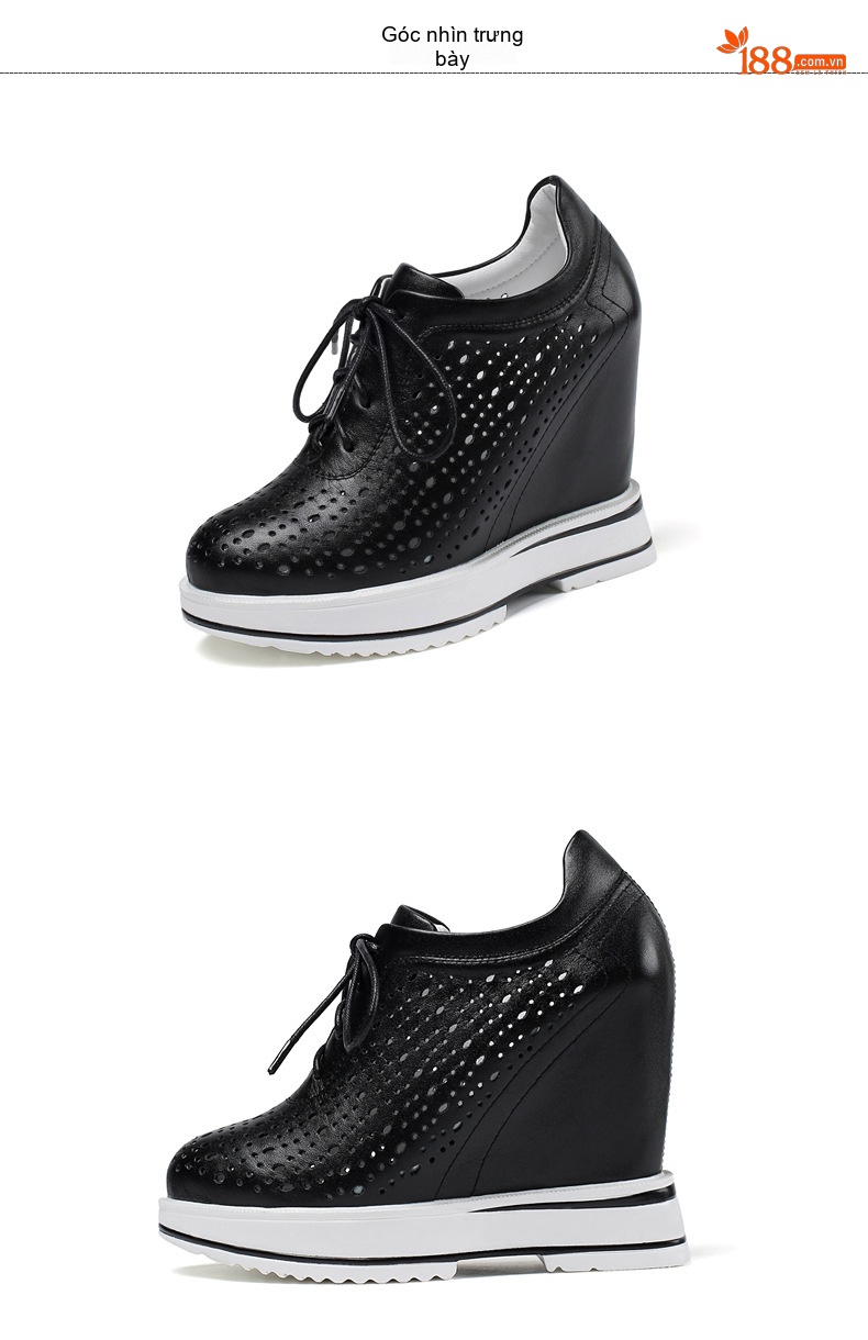 Giày Sneaker Nữ Da Thật Lỗ Thoáng Khí Buộc Dây Chiều Cao Đế 12cm Màu Đen, Trắng chi tiết 9