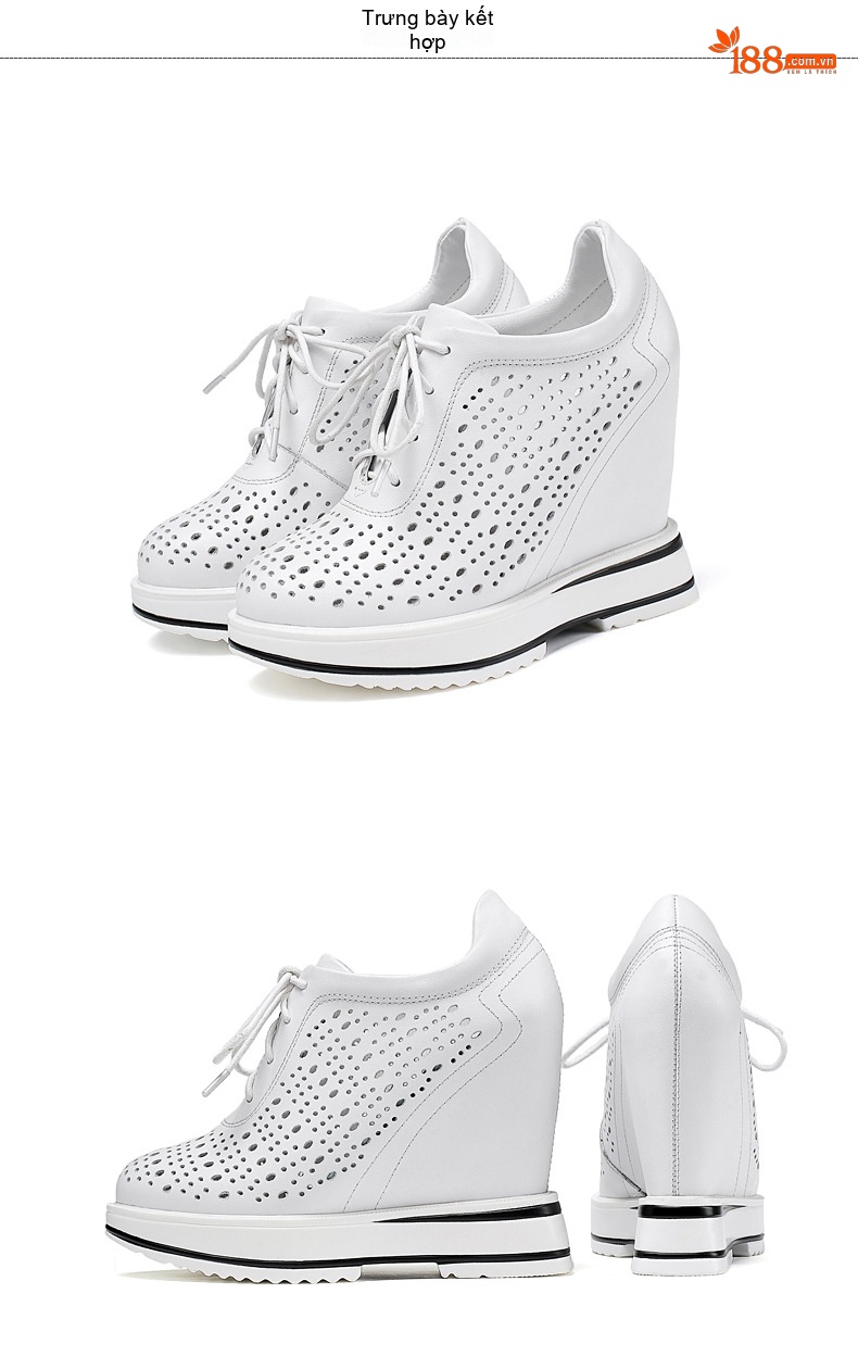 Giày Sneaker Nữ Da Thật Lỗ Thoáng Khí Buộc Dây Chiều Cao Đế 12cm Màu Đen, Trắng chi tiết 10