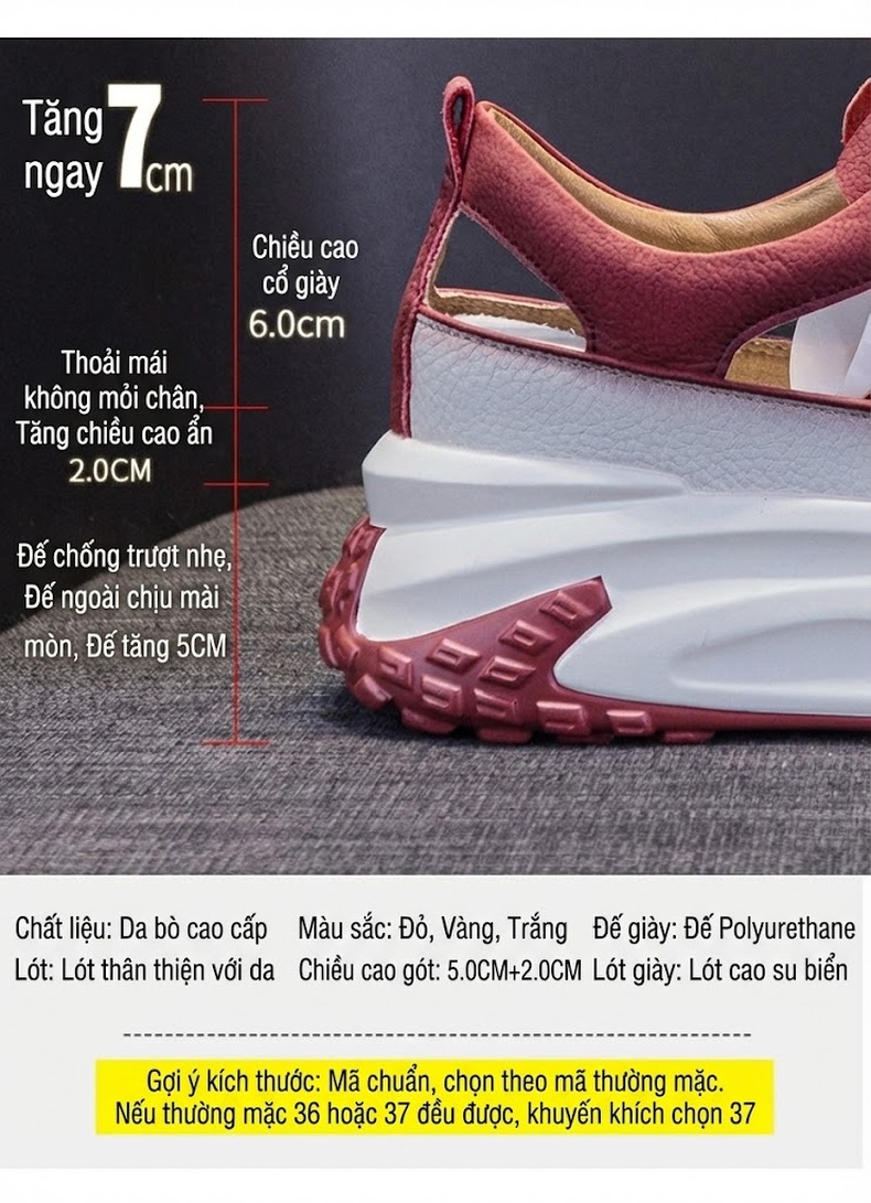 Giày Sneaker Nữ Da Thật Lỗ Thoáng Khí Chiều Cao Đế Khoảng 5cm Màu Nâu, Đỏ, Trắng, Đen... chi tiết 5
