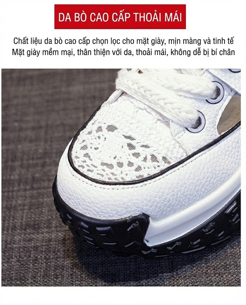 Giày Sneaker Nữ Da Thật Lỗ Thoáng Khí Chiều Cao Đế Khoảng 5cm Màu Nâu, Đỏ, Trắng, Đen... chi tiết 8