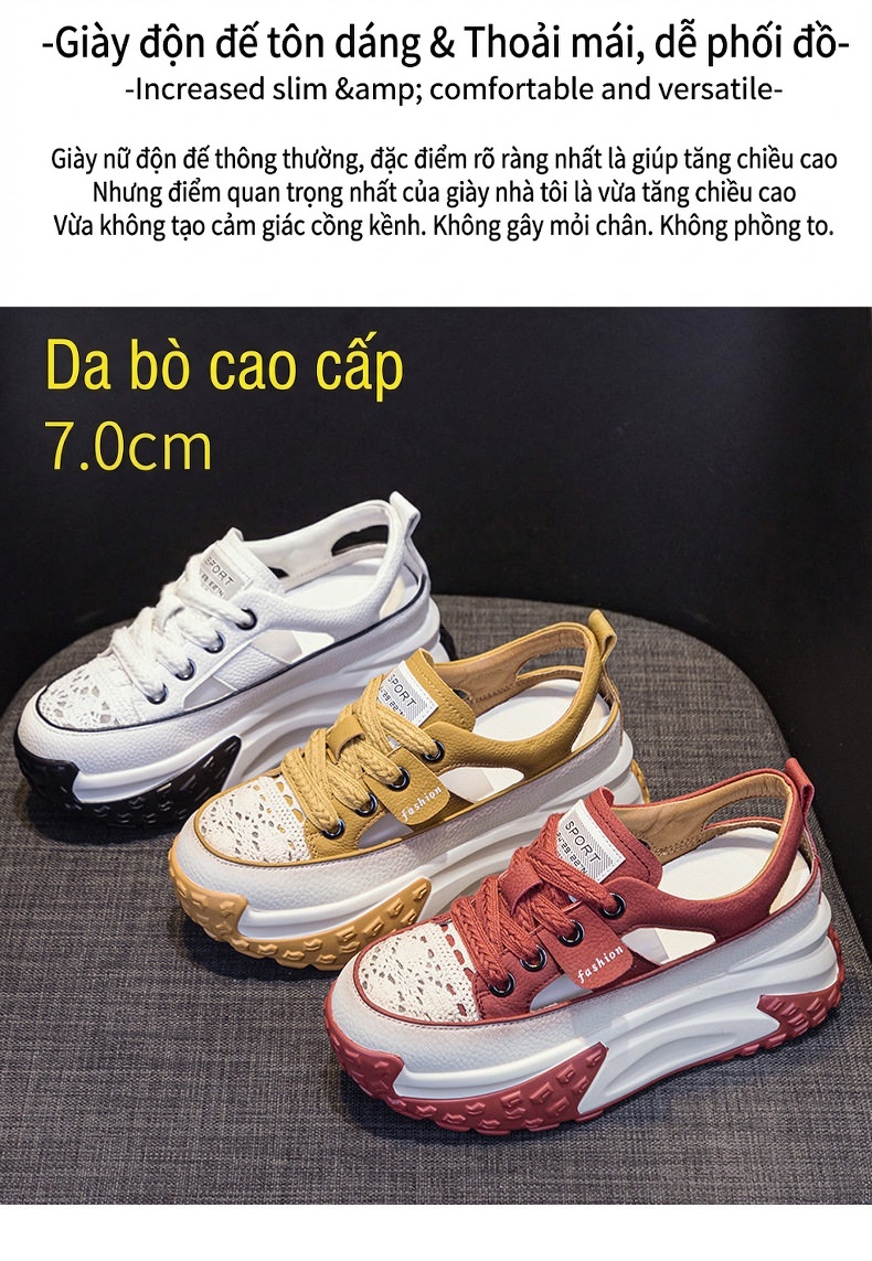 Giày Sneaker Nữ Da Thật Lỗ Thoáng Khí Chiều Cao Đế Khoảng 5cm Màu Nâu, Đỏ, Trắng, Đen... chi tiết 2