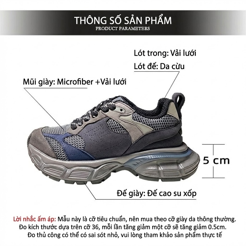 Giày Sneaker Nữ Da Tổng Hợp Cao Cấp Phối Lưới Phong Cách Retro Chiều Cao Đế 5cm Màu Xám, Xanh Navy