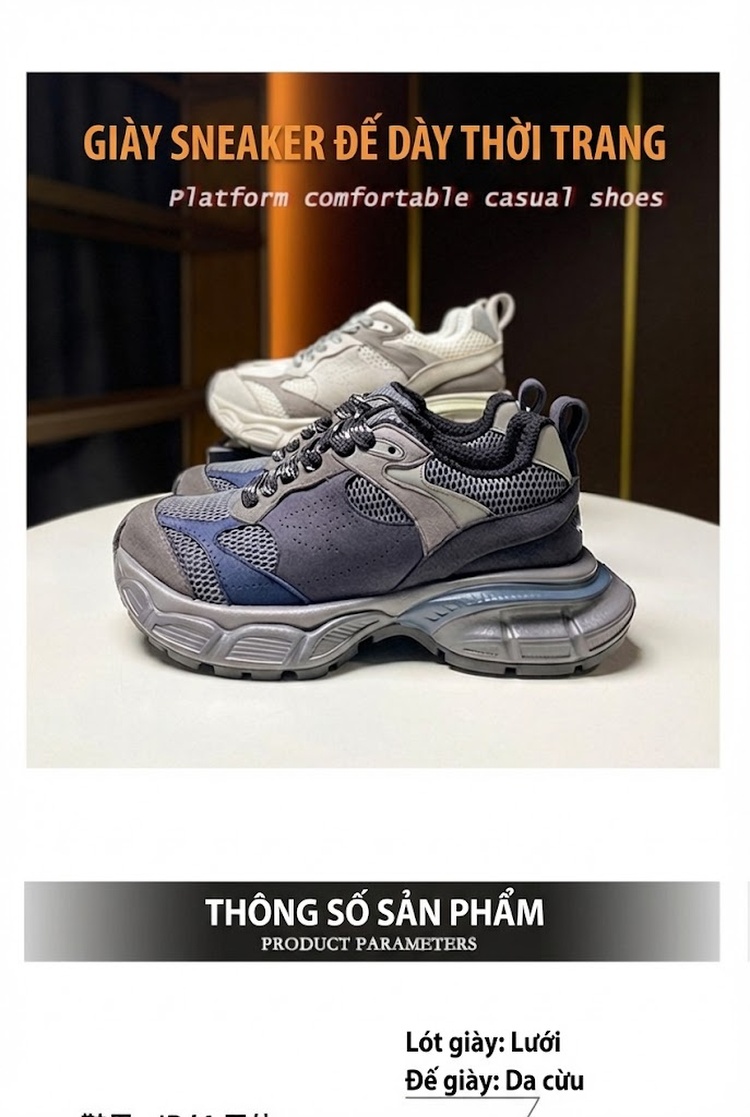Giày Sneaker Nữ Da Tổng Hợp Cao Cấp Phối Lưới Phong Cách Retro Chiều Cao Đế 5cm Màu Xám, Xanh Navy chi tiết 1