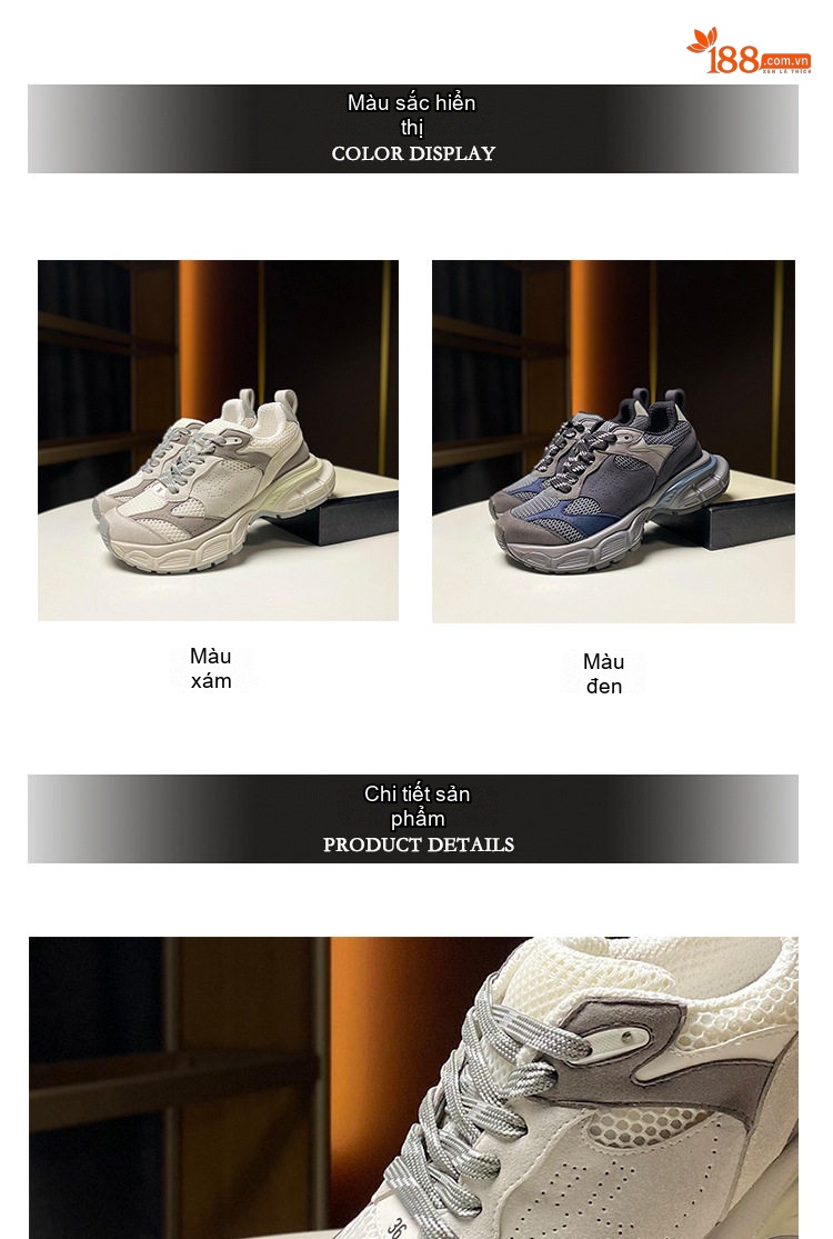 Giày Sneaker Nữ Da Tổng Hợp Cao Cấp Phối Lưới Phong Cách Retro Chiều Cao Đế 5cm Màu Xám, Xanh Navy chi tiết 3