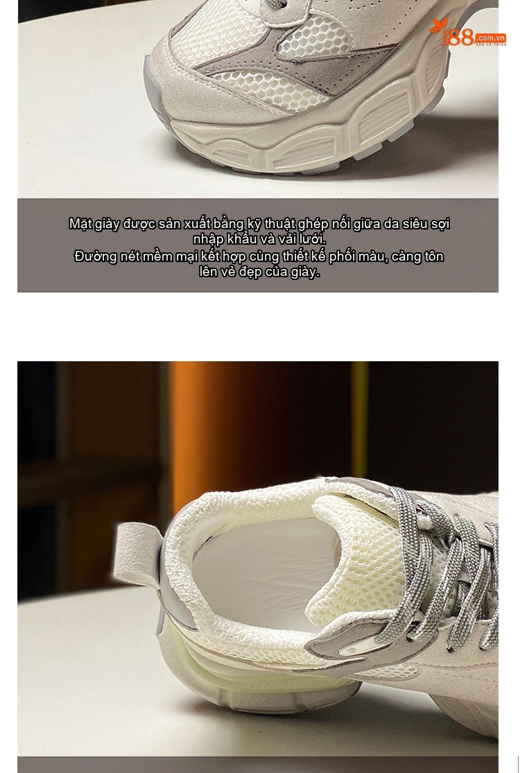 Giày Sneaker Nữ Da Tổng Hợp Cao Cấp Phối Lưới Phong Cách Retro Chiều Cao Đế 5cm Màu Xám, Xanh Navy chi tiết 4