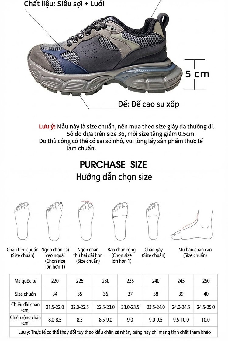 Giày Sneaker Nữ Da Tổng Hợp Cao Cấp Phối Lưới Phong Cách Retro Chiều Cao Đế 5cm Màu Xám, Xanh Navy chi tiết 2