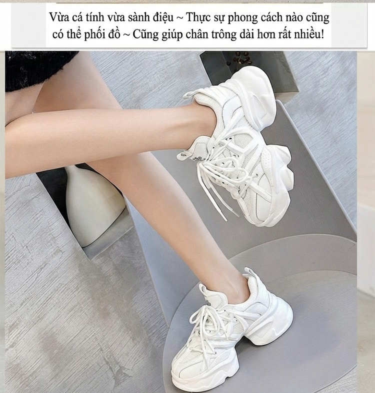 Giày Sneaker Nữ Dáng Chunky Lưới Thoáng Khí Chiều Cao Đế Khoảng 5cm Màu Trắng, Đen chi tiết 2