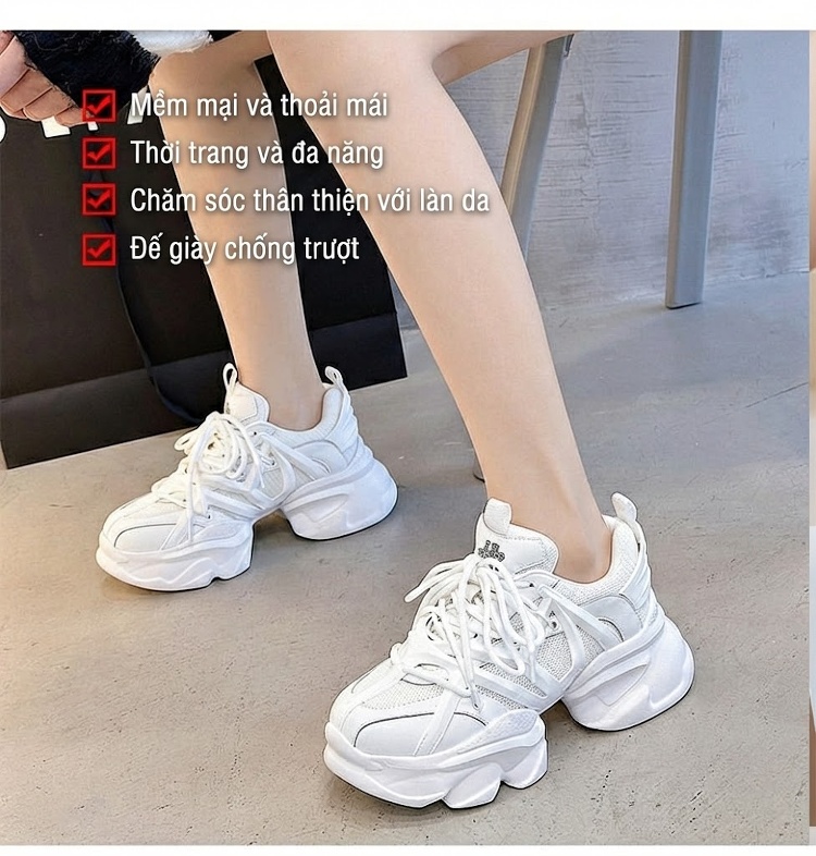 Giày Sneaker Nữ Dáng Chunky Lưới Thoáng Khí Chiều Cao Đế Khoảng 5cm Màu Trắng, Đen chi tiết 7