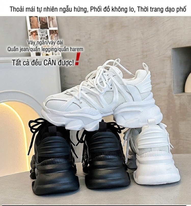 Giày Sneaker Nữ Dáng Chunky Lưới Thoáng Khí Chiều Cao Đế Khoảng 5cm Màu Trắng, Đen chi tiết 8