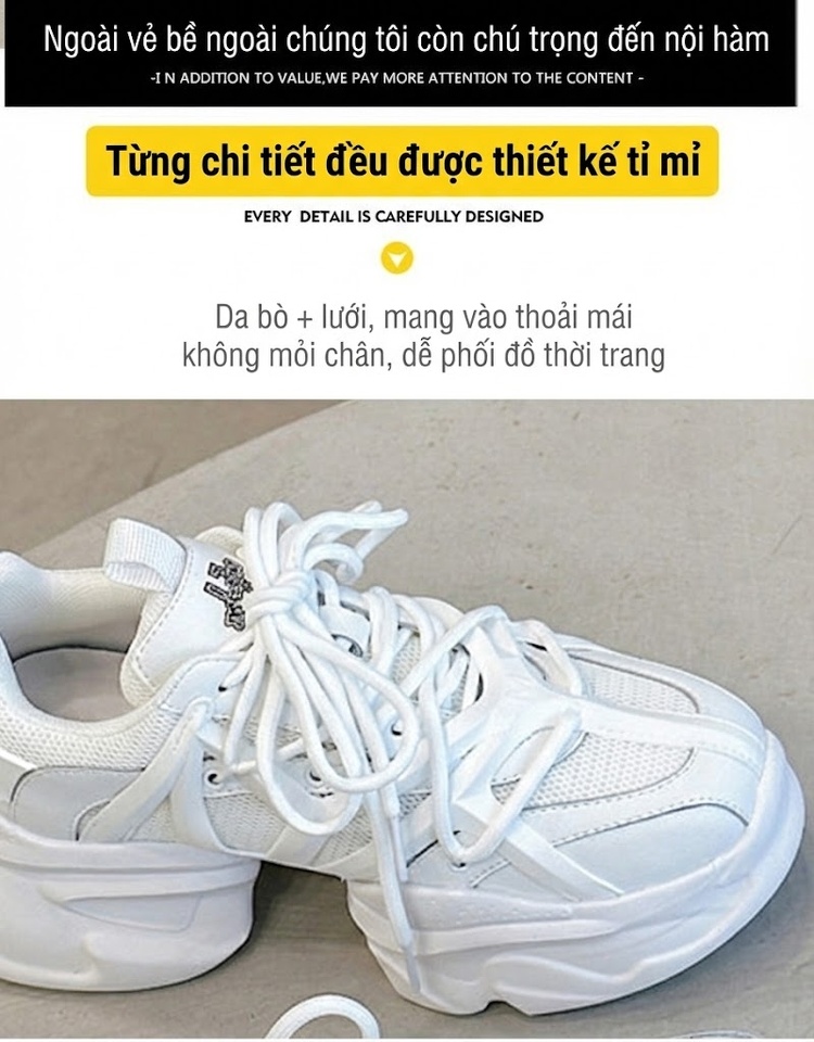 Giày Sneaker Nữ Dáng Chunky Lưới Thoáng Khí Chiều Cao Đế Khoảng 5cm Màu Trắng, Đen chi tiết 9