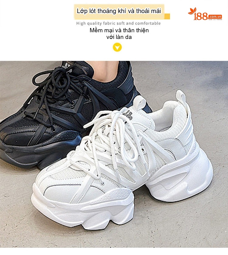 Giày Sneaker Nữ Dáng Chunky Lưới Thoáng Khí Chiều Cao Đế Khoảng 5cm Màu Trắng, Đen chi tiết 10