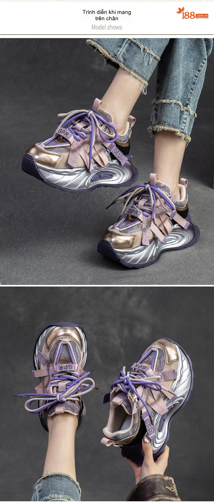 Giày Sneaker Nữ Dáng Lười Đế Cao Khoảng 5cm Màu Be, Hồng, Xanh... chi tiết 6
