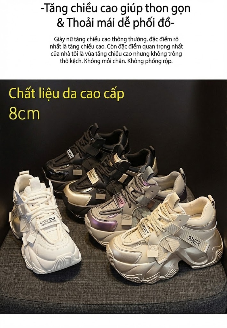 Giày Sneaker Nữ Dây Buộc Đế Dày Chiều Cao Đế Khoảng 5cm Màu Trắng, Xám, Hồng, Vàng... chi tiết 2