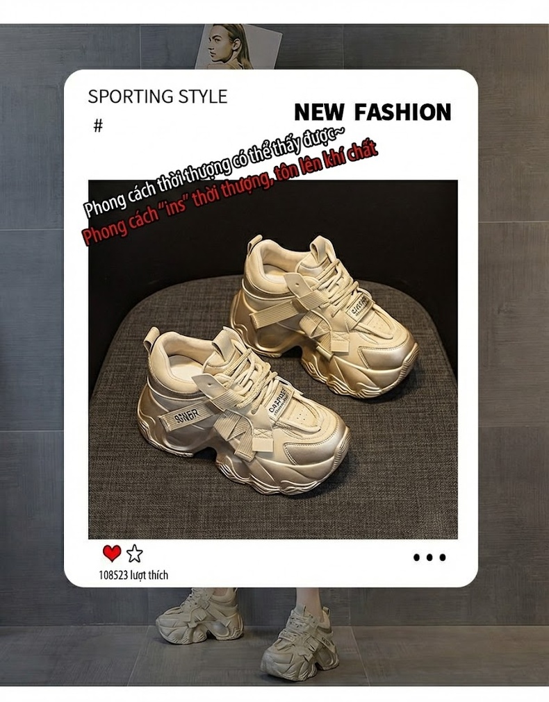 Giày Sneaker Nữ Dây Buộc Đế Dày Chiều Cao Đế Khoảng 5cm Màu Trắng, Xám, Hồng, Vàng... chi tiết 3