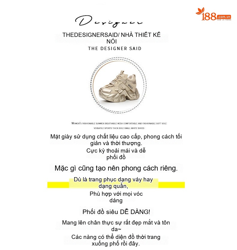 Giày Sneaker Nữ Dây Buộc Đế Dày Chiều Cao Đế Khoảng 5cm Màu Trắng, Xám, Hồng, Vàng... chi tiết 4