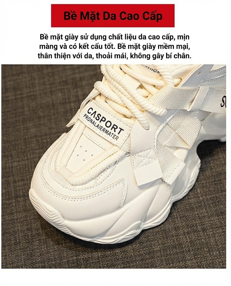 Giày Sneaker Nữ Dây Buộc Đế Dày Chiều Cao Đế Khoảng 5cm Màu Trắng, Xám, Hồng, Vàng... chi tiết 5