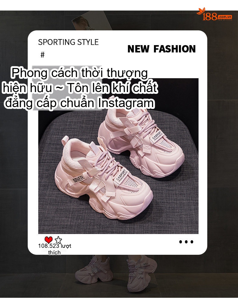 Giày Sneaker Nữ Dây Buộc Đế Dày Chiều Cao Đế Khoảng 5cm Màu Trắng, Xám, Hồng, Vàng... chi tiết 8