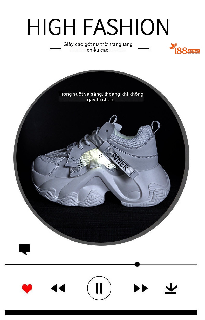 Giày Sneaker Nữ Dây Buộc Đế Dày Chiều Cao Đế Khoảng 5cm Màu Trắng, Xám, Hồng, Vàng... chi tiết 10