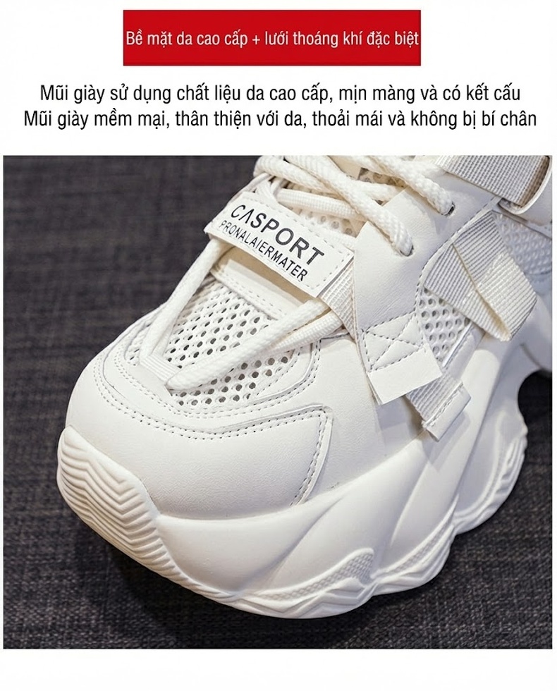 Giày Sneaker Nữ Dây Buộc Đế Dày Chiều Cao Đế Khoảng 5cm Màu Trắng, Xám, Hồng, Vàng... chi tiết 11
