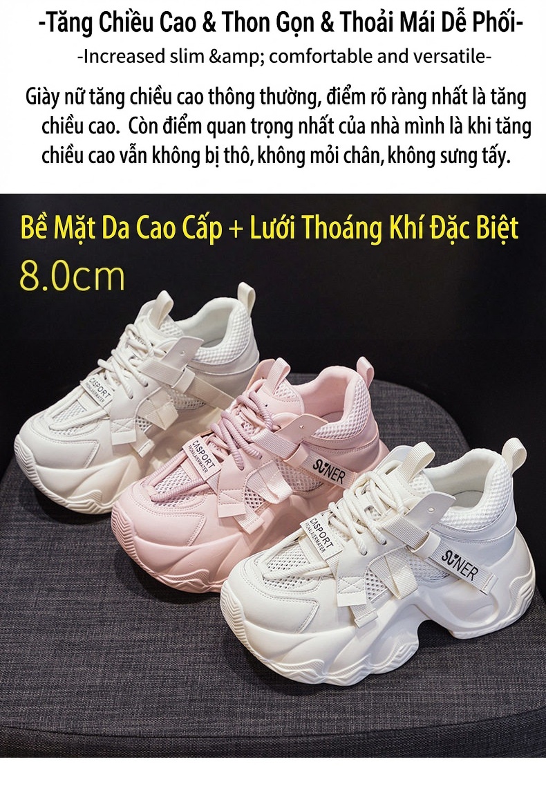 Giày Sneaker Nữ Dây Buộc Đế Dày Chiều Cao Đế Khoảng 5cm Màu Trắng, Xám, Hồng, Vàng... chi tiết 7