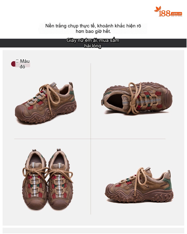 Giày Sneaker Nữ Dây Buộc Đế Răng Cưa Chiều Cao Đế Khoảng 4cm Màu Nâu, Đỏ, Xanh chi tiết 17