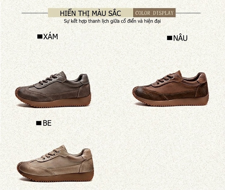 Giày Sneaker Nữ Dây Buộc Phong Cách Vintage Đế Bằng Chiều Cao Đế Khoảng 3cm Màu Nâu, Be chi tiết 3