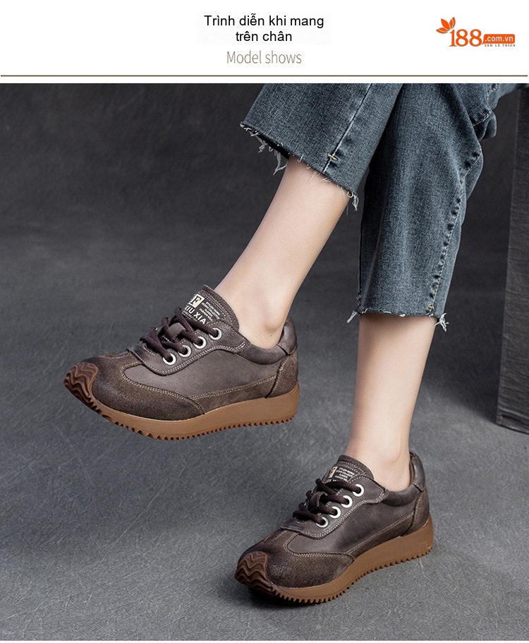Giày Sneaker Nữ Dây Buộc Phong Cách Vintage Đế Bằng Chiều Cao Đế Khoảng 3cm Màu Nâu, Be chi tiết 8