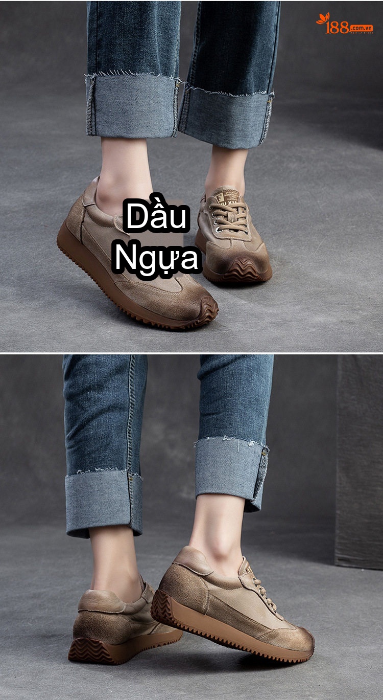 Giày Sneaker Nữ Dây Buộc Phong Cách Vintage Đế Bằng Chiều Cao Đế Khoảng 3cm Màu Nâu, Be chi tiết 14