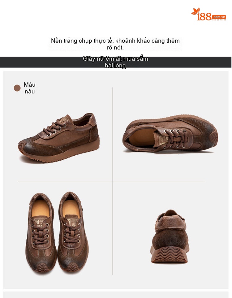 Giày Sneaker Nữ Dây Buộc Phong Cách Vintage Đế Bằng Chiều Cao Đế Khoảng 3cm Màu Nâu, Be chi tiết 17