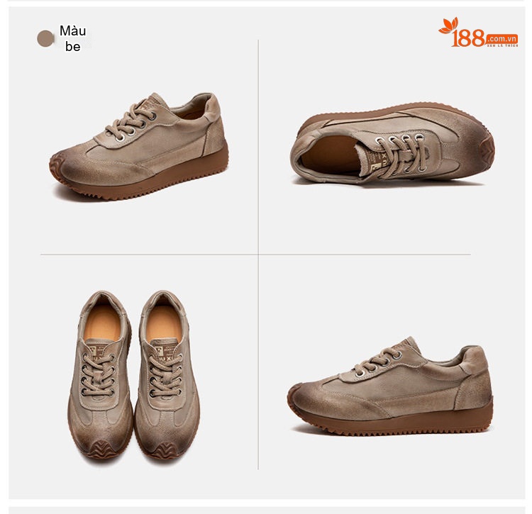 Giày Sneaker Nữ Dây Buộc Phong Cách Vintage Đế Bằng Chiều Cao Đế Khoảng 3cm Màu Nâu, Be chi tiết 18