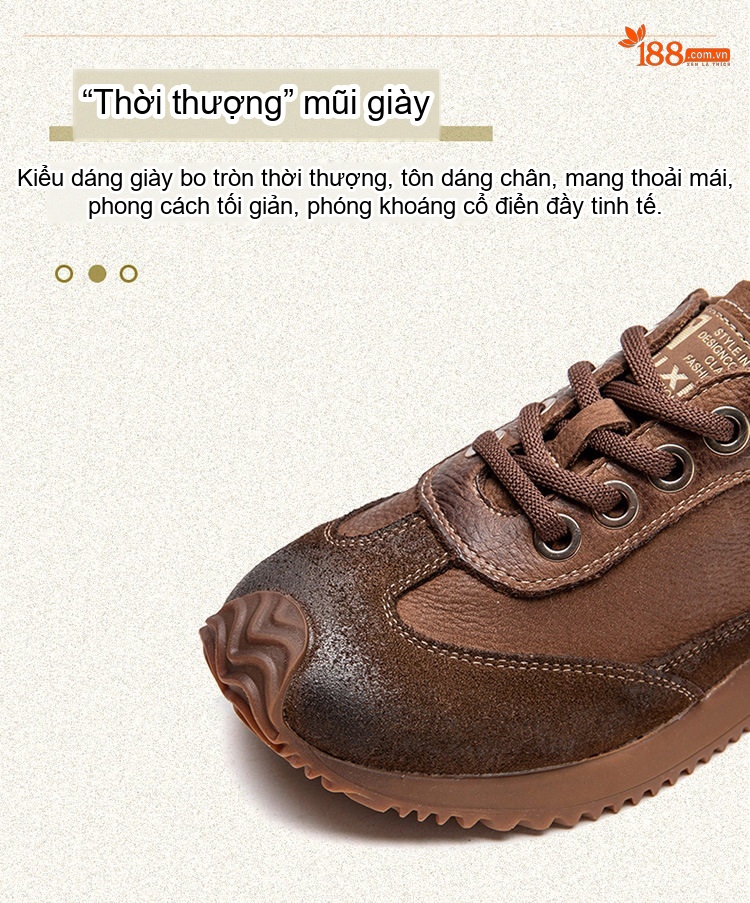 Giày Sneaker Nữ Dây Buộc Phong Cách Vintage Đế Bằng Chiều Cao Đế Khoảng 3cm Màu Nâu, Be chi tiết 5