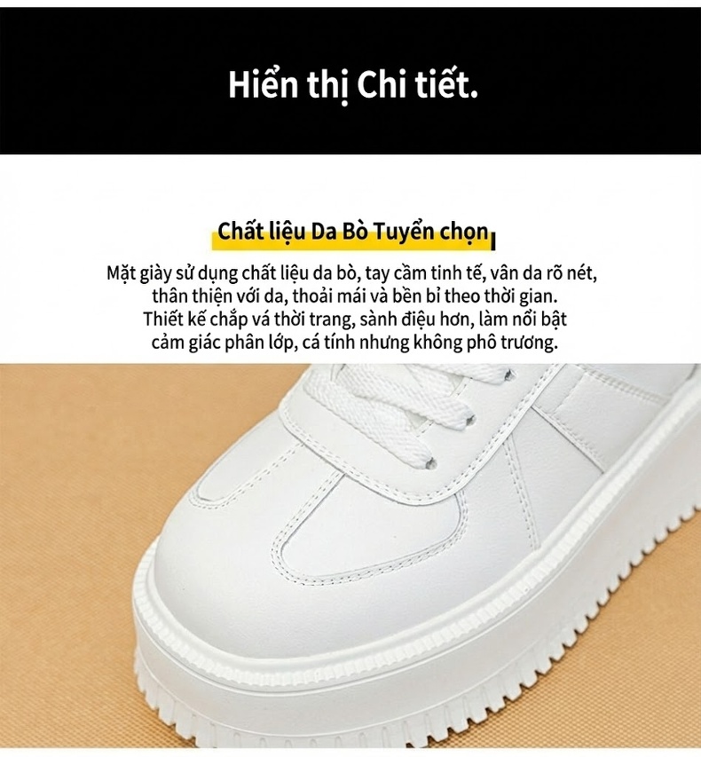 Giày Sneaker Nữ Đế Bánh Mì Cao Cấp Chiều Cao Đế Khoảng 5cm Màu Trắng chi tiết 7